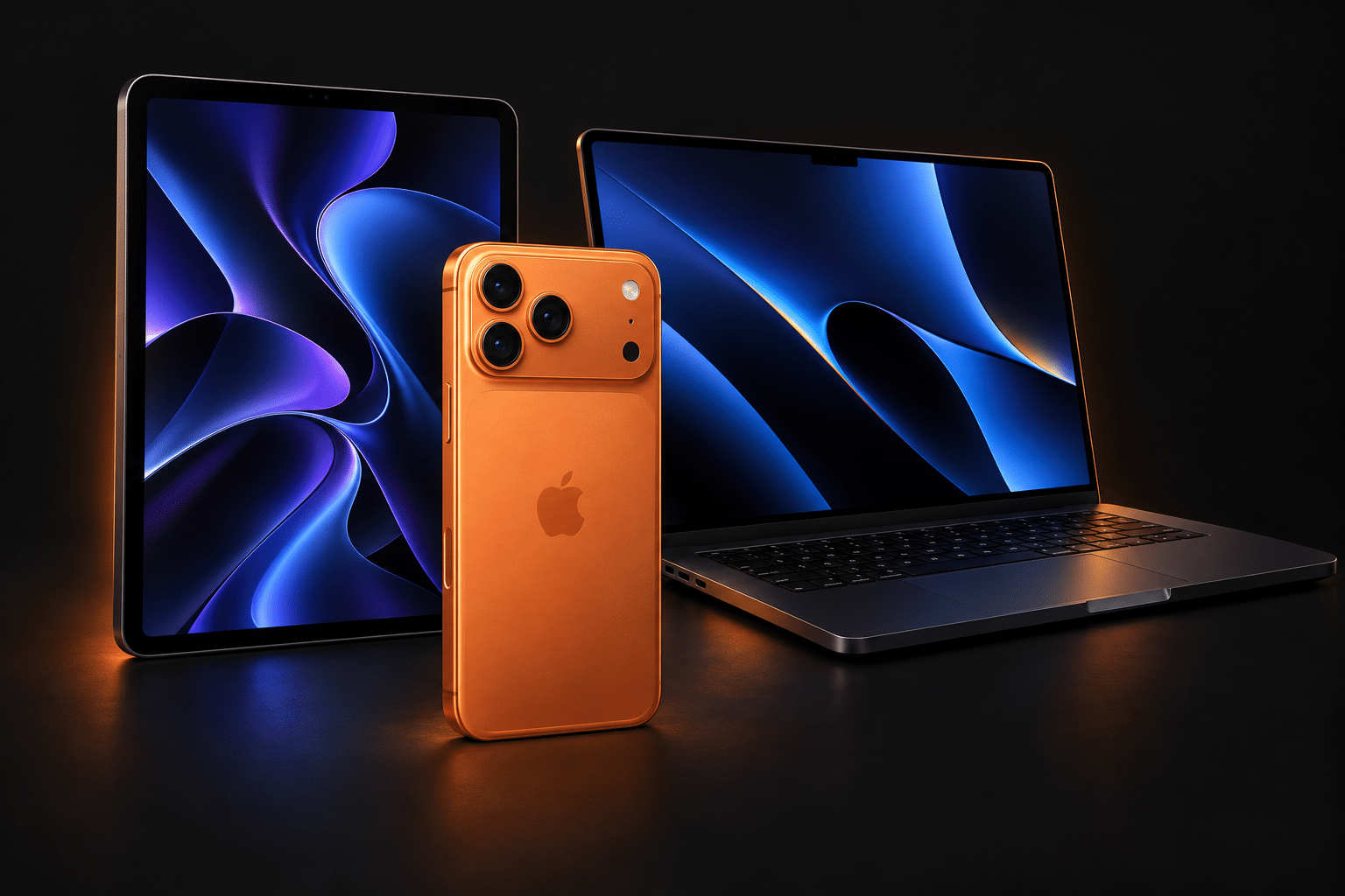 Illustration of an iPhone 17 Pro Max, iPad Pro and MacBook together